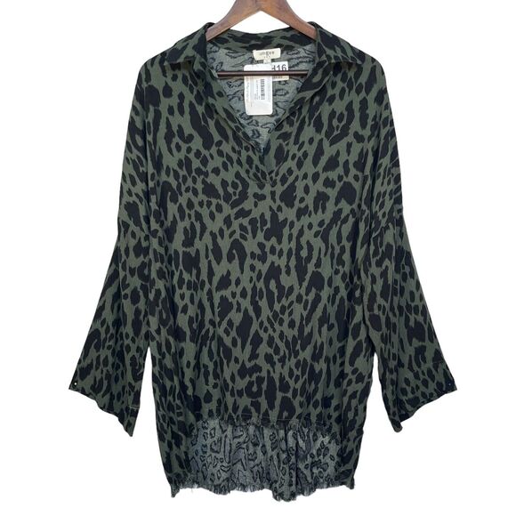 Umgee Wild About You Leopard Tunic Top Women Size‎ L Green Hi-Low Raw Hem Rayon - Picture 1 of 8